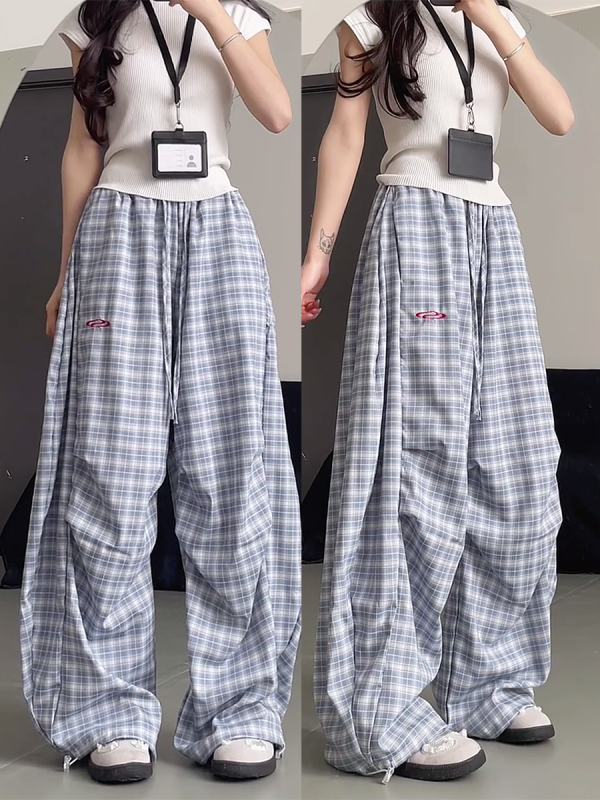 High-Waisted Draped Pleated Checkered Work Pants for Women, Loose Fit Wide-Leg Casual Sports Trousers, American Style