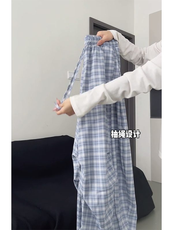 High-Waisted Draped Pleated Checkered Work Pants for Women, Loose Fit Wide-Leg Casual Sports Trousers, American Style