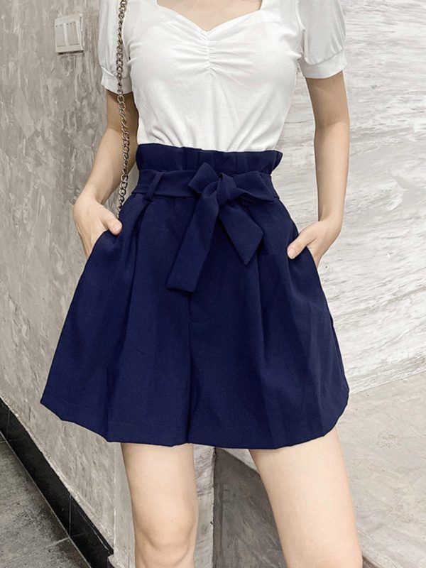 High-Waisted Floral Bud Skirt Pants with Drawstring Waist, Pockets, Ruffled Hem, A-Line Wide-Leg Shorts for Spring/Summer Fashion
