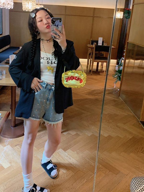 High-Waisted Gold Studded Denim Shorts for Women - Plus Size A-Line Slimming Summer 2025 Fashion for Curvy Girls