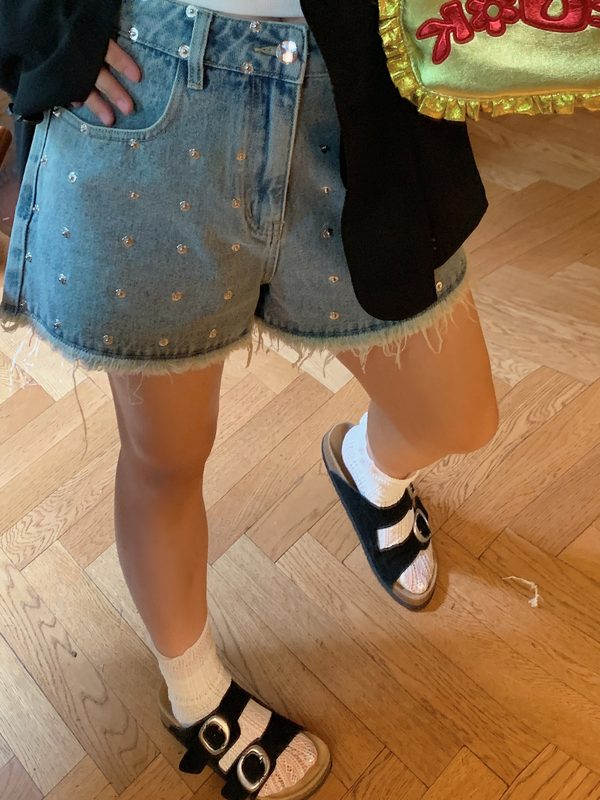 High-Waisted Gold Studded Denim Shorts for Women - Plus Size A-Line Slimming Summer 2025 Fashion for Curvy Girls