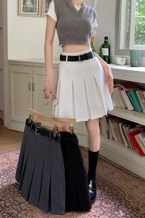 High-Waisted Gray Pleated Midi Skirt for Women, Plus Size, Korean Style College Fashion, Japanese Design Workwear Skirt
