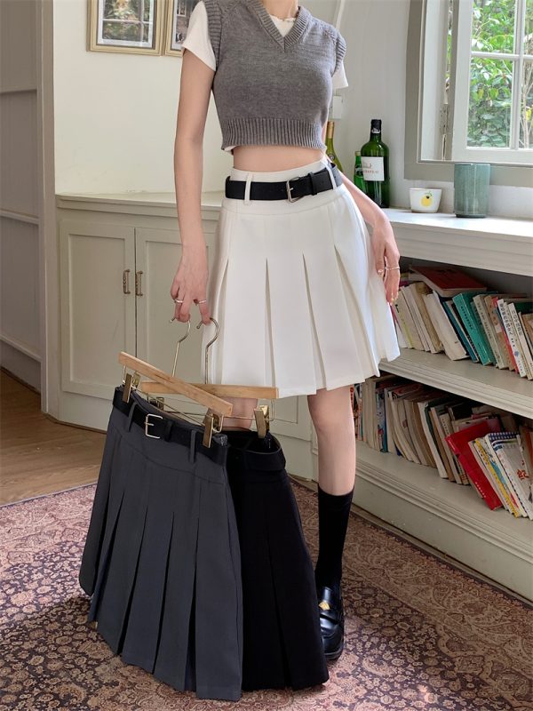 High-Waisted Gray Pleated Midi Skirt for Women, Plus Size, Korean Style College Fashion, Japanese Design Workwear Skirt
