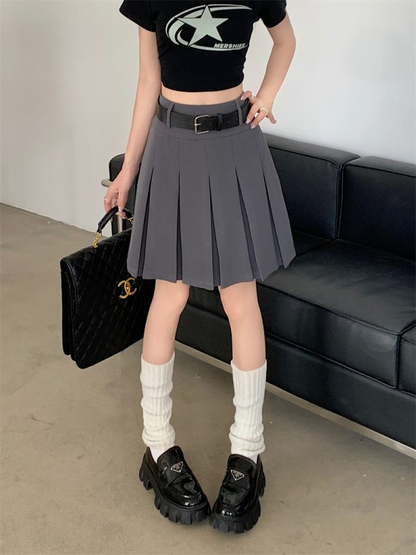 High-Waisted Gray Pleated Midi Skirt for Women, Plus Size, Korean Style College Fashion, Japanese Design Workwear Skirt