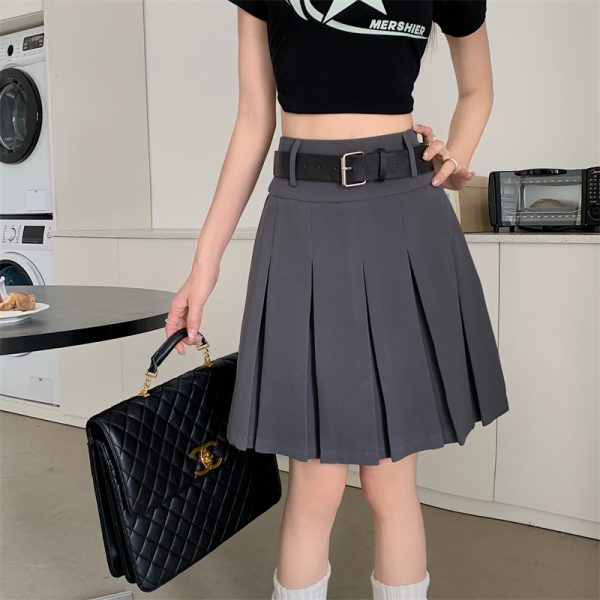 High-Waisted Gray Pleated Midi Skirt for Women, Plus Size, Korean Style College Fashion, Japanese Design Workwear Skirt