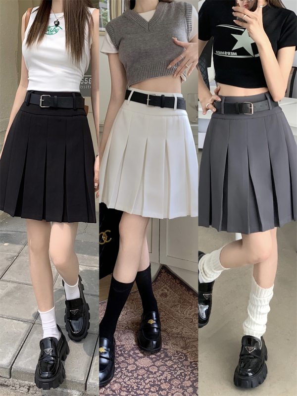 High-Waisted Gray Pleated Midi Skirt for Women, Plus Size, Korean Style College Fashion, Japanese Design Workwear Skirt