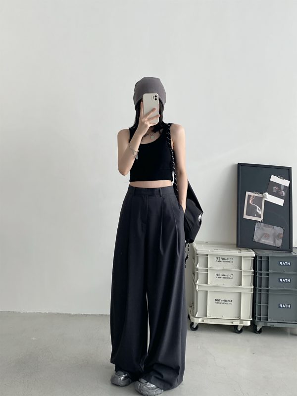 High-Waisted Gray Wide-Leg Suit Pants for Women - Casual Summer Loose Fit Floor-Length Trousers