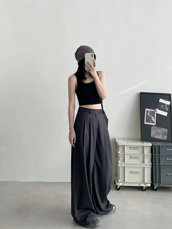 High-Waisted Gray Wide-Leg Suit Pants for Women - Casual Summer Loose Fit Floor-Length Trousers