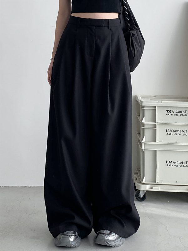 High-Waisted Gray Wide-Leg Suit Pants for Women - Casual Summer Loose Fit Floor-Length Trousers