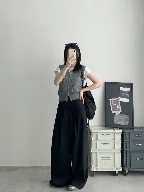 High-Waisted Gray Wide-Leg Suit Pants for Women - Casual Summer Loose Fit Floor-Length Trousers