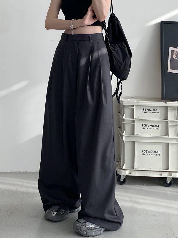 High-Waisted Gray Wide-Leg Suit Pants for Women - Casual Summer Loose Fit Floor-Length Trousers