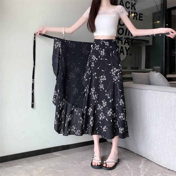 High-Waisted Irregular Floral Chiffon Skirt and Fishtail Long Dress for Travel, Beach, and Sun Protection