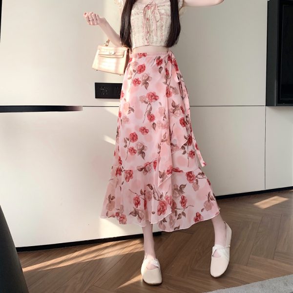 High-Waisted Irregular Floral Chiffon Skirt and Fishtail Long Dress for Travel, Beach, and Sun Protection