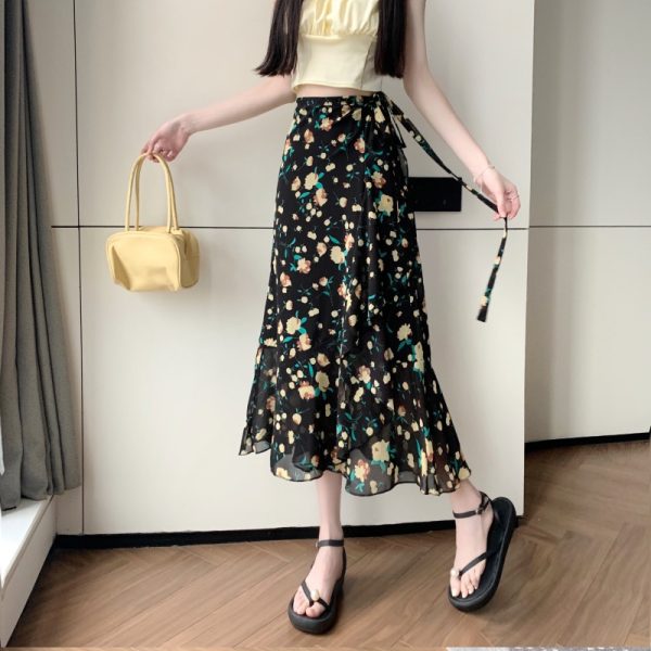 High-Waisted Irregular Floral Chiffon Skirt and Fishtail Long Dress for Travel, Beach, and Sun Protection