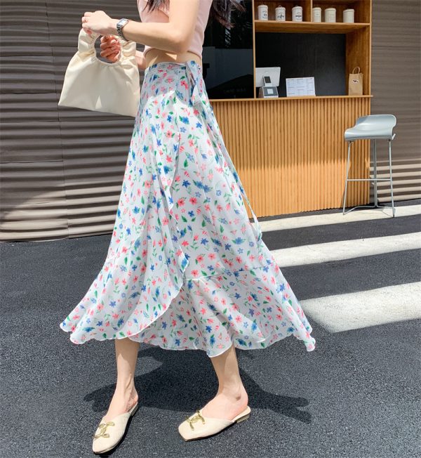 High-Waisted Irregular Floral Chiffon Skirt and Fishtail Long Dress for Travel, Beach, and Sun Protection