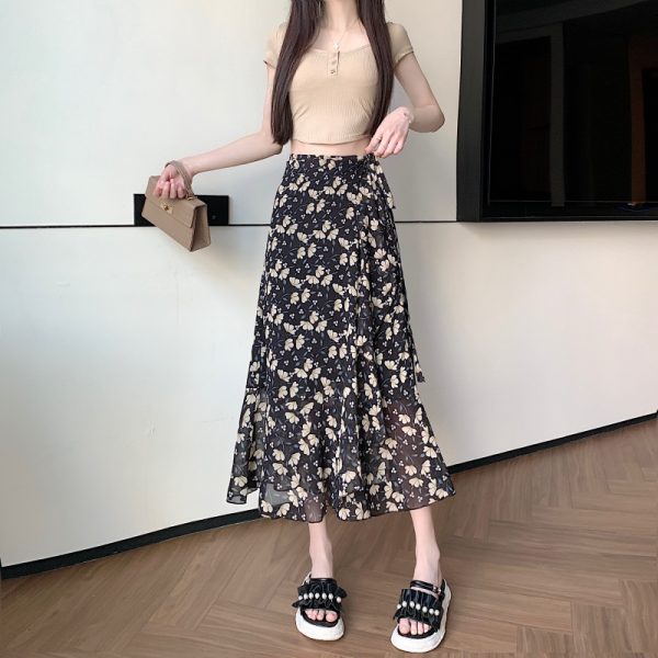 High-Waisted Irregular Floral Chiffon Skirt and Fishtail Long Dress for Travel, Beach, and Sun Protection