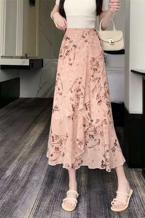 High-Waisted Irregular Floral Chiffon Skirt and Fishtail Long Dress for Travel, Beach, and Sun Protection