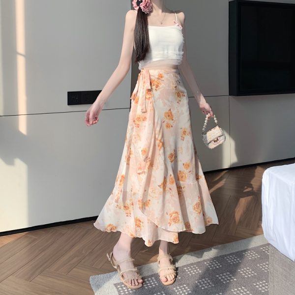 High-Waisted Irregular Floral Chiffon Skirt and Fishtail Long Dress for Travel, Beach, and Sun Protection