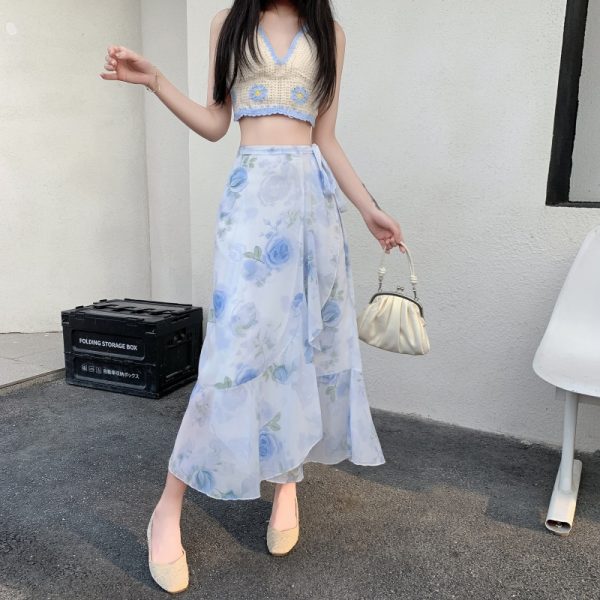 High-Waisted Irregular Floral Chiffon Skirt and Fishtail Long Dress for Travel, Beach, and Sun Protection