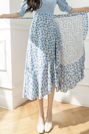 High-Waisted Irregular Floral Chiffon Skirt and Fishtail Long Dress for Travel, Beach, and Sun Protection