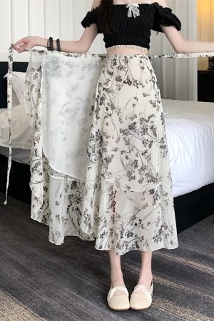 High-Waisted Irregular Floral Chiffon Skirt and Fishtail Long Dress for Travel, Beach, and Sun Protection