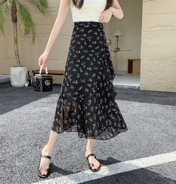 High-Waisted Irregular Floral Chiffon Skirt and Fishtail Long Dress for Travel, Beach, and Sun Protection