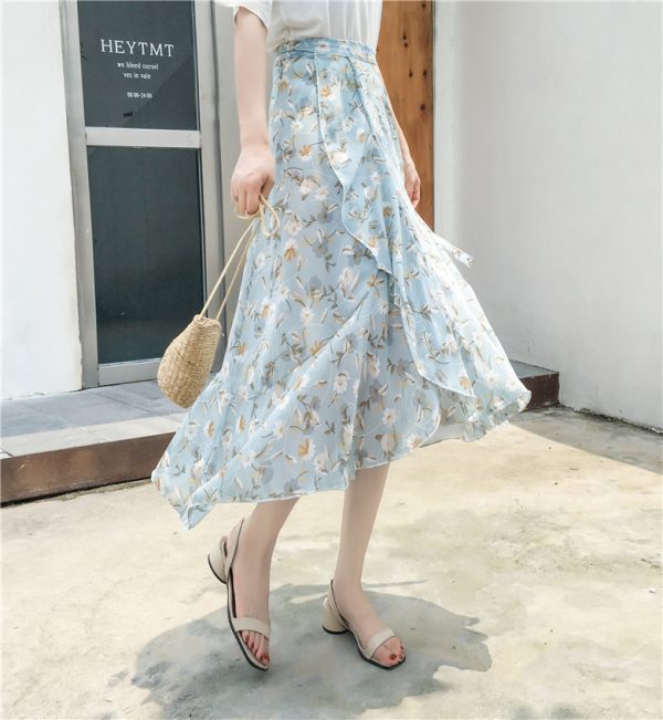 High-Waisted Irregular Floral Chiffon Skirt and Fishtail Long Dress for Travel, Beach, and Sun Protection