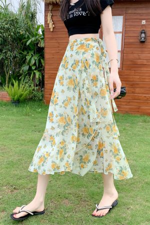 High-Waisted Irregular Floral Chiffon Skirt and Fishtail Long Dress for Travel, Beach, and Sun Protection