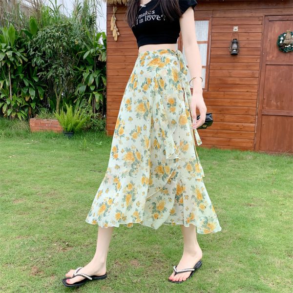 High-Waisted Irregular Floral Chiffon Skirt and Fishtail Long Dress for Travel, Beach, and Sun Protection