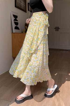 High-Waisted Irregular Floral Chiffon Skirt and Fishtail Long Dress for Travel, Beach, and Sun Protection