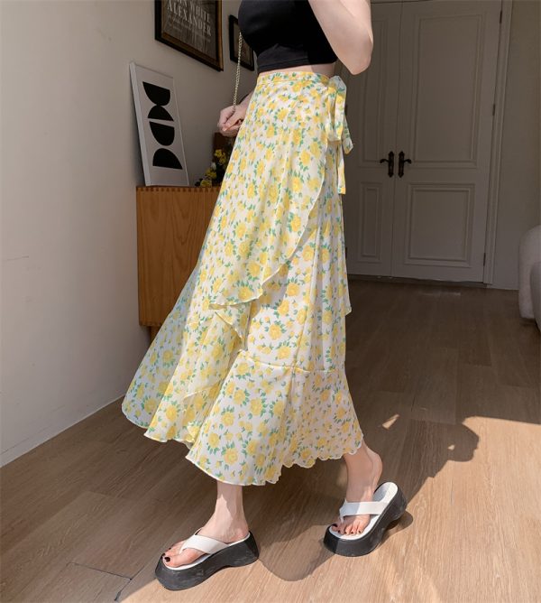 High-Waisted Irregular Floral Chiffon Skirt and Fishtail Long Dress for Travel, Beach, and Sun Protection