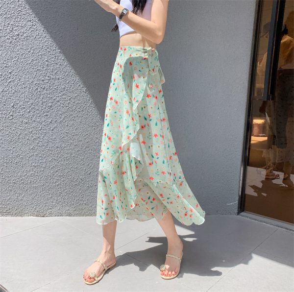 High-Waisted Irregular Floral Chiffon Skirt and Fishtail Long Dress for Travel, Beach, and Sun Protection