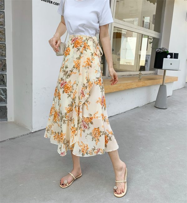 High-Waisted Irregular Floral Chiffon Skirt and Fishtail Long Dress for Travel, Beach, and Sun Protection