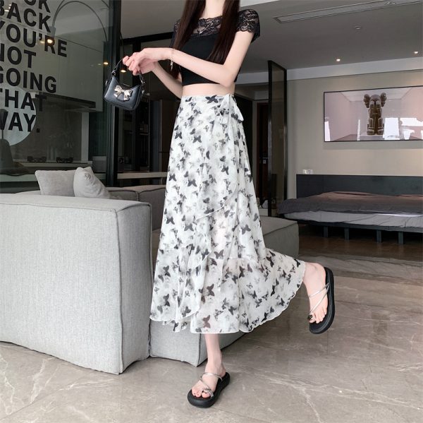 High-Waisted Irregular Floral Chiffon Skirt and Fishtail Long Dress for Travel, Beach, and Sun Protection