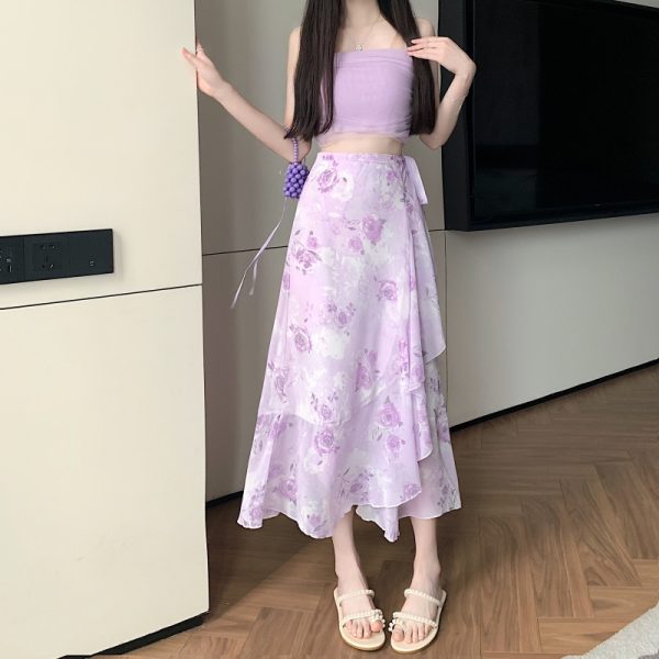 High-Waisted Irregular Floral Chiffon Skirt and Fishtail Long Dress for Travel, Beach, and Sun Protection