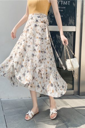 High-Waisted Irregular Floral Chiffon Skirt and Fishtail Long Dress for Travel, Beach, and Sun Protection