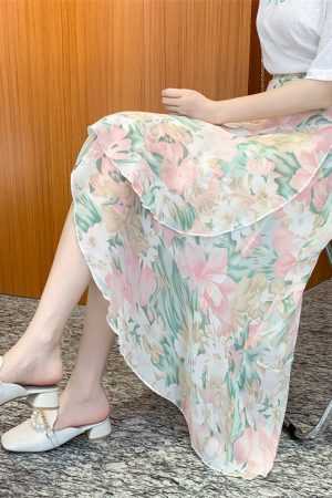 High-Waisted Irregular Floral Chiffon Skirt and Fishtail Long Dress for Travel, Beach, and Sun Protection