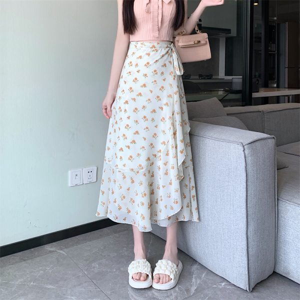 High-Waisted Irregular Floral Chiffon Skirt and Fishtail Long Dress for Travel, Beach, and Sun Protection