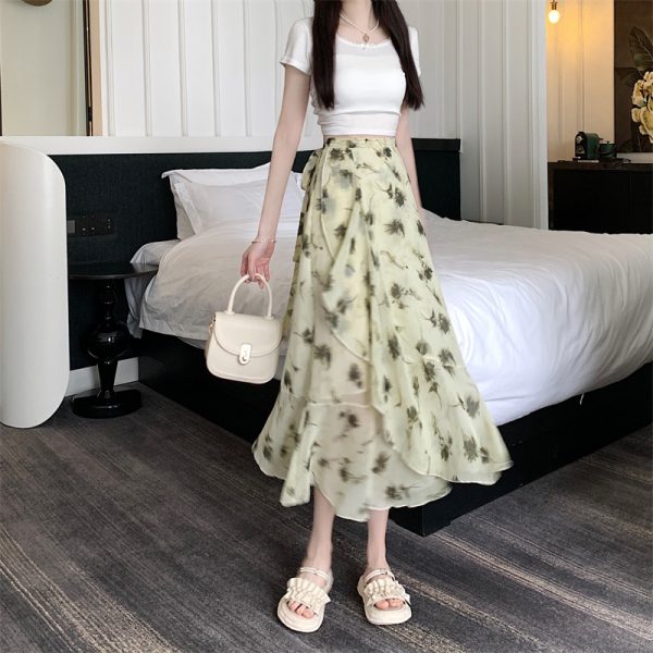 High-Waisted Irregular Floral Chiffon Skirt and Fishtail Long Dress for Travel, Beach, and Sun Protection