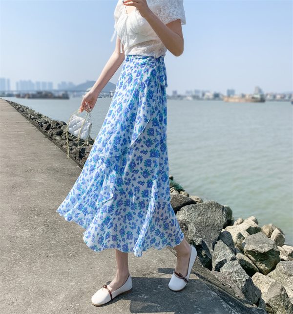 High-Waisted Irregular Floral Chiffon Skirt and Fishtail Long Dress for Travel, Beach, and Sun Protection