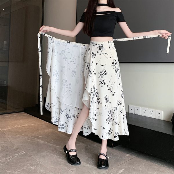 High-Waisted Irregular Floral Chiffon Skirt and Fishtail Long Dress for Travel, Beach, and Sun Protection