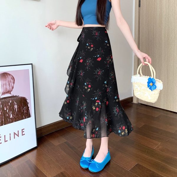 High-Waisted Irregular Floral Chiffon Skirt and Fishtail Long Dress for Travel, Beach, and Sun Protection