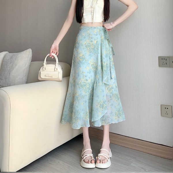 High-Waisted Irregular Floral Chiffon Skirt and Fishtail Long Dress for Travel, Beach, and Sun Protection