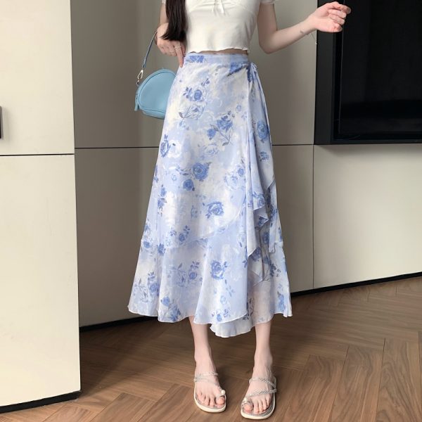 High-Waisted Irregular Floral Chiffon Skirt and Fishtail Long Dress for Travel, Beach, and Sun Protection