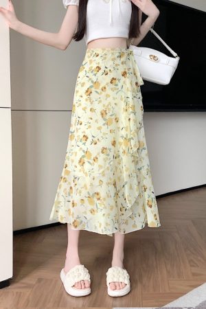 High-Waisted Irregular Floral Chiffon Skirt and Fishtail Long Dress for Travel, Beach, and Sun Protection