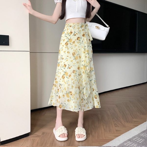 High-Waisted Irregular Floral Chiffon Skirt and Fishtail Long Dress for Travel, Beach, and Sun Protection