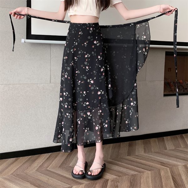 High-Waisted Irregular Floral Chiffon Skirt and Fishtail Long Dress for Travel, Beach, and Sun Protection