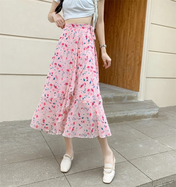 High-Waisted Irregular Floral Chiffon Skirt and Fishtail Long Dress for Travel, Beach, and Sun Protection