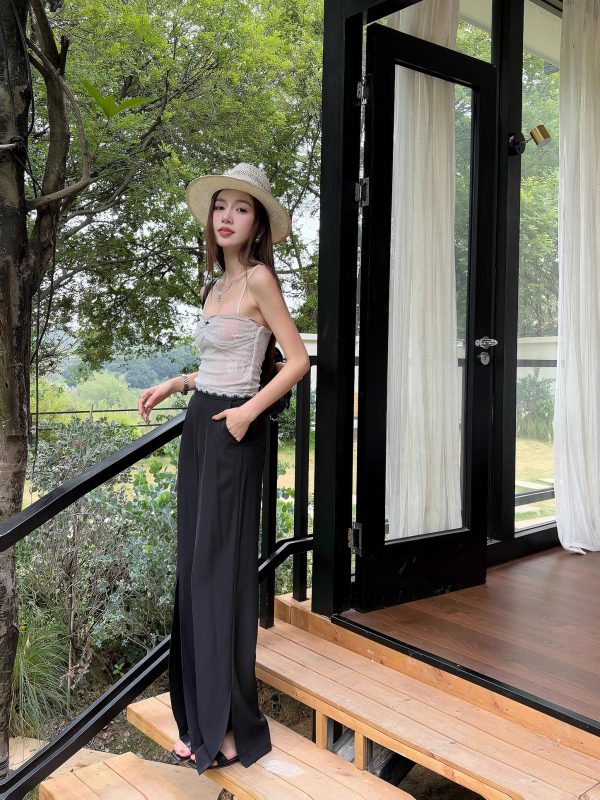 High-Waisted Irregular Side-Slit Wide-Leg Pants for Tall Individuals - Lightweight Draped Floor-Length Style for Spring and Summer
