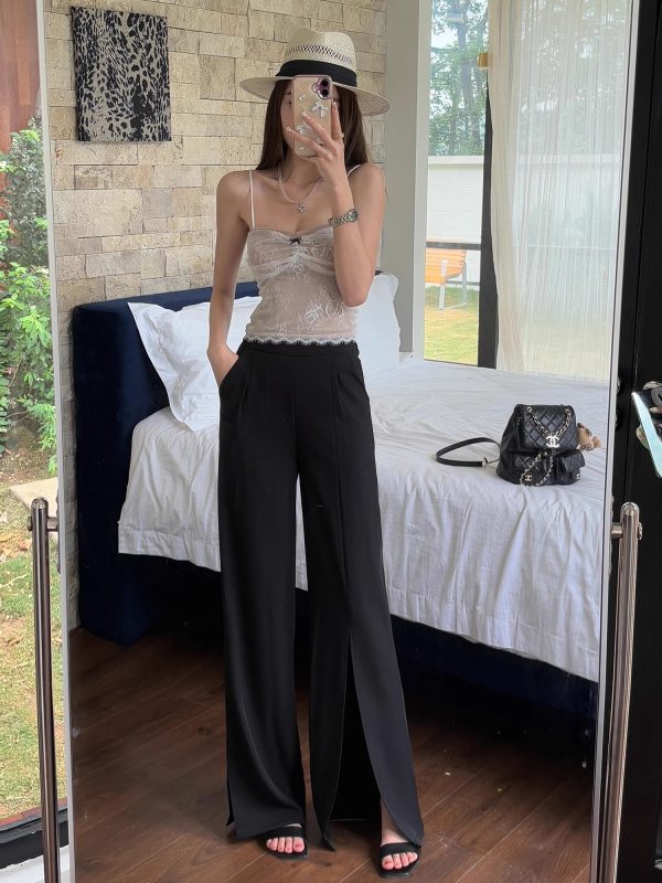 High-Waisted Irregular Side-Slit Wide-Leg Pants for Tall Individuals - Lightweight Draped Floor-Length Style for Spring and Summer